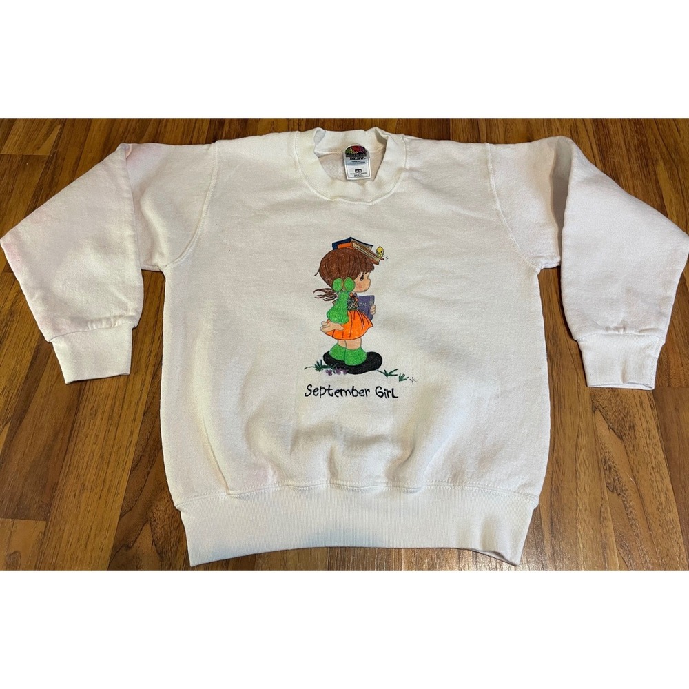 Vintage Fruit of the Loom September Girl Sweatshirt White Crew Kids 14-16 USA